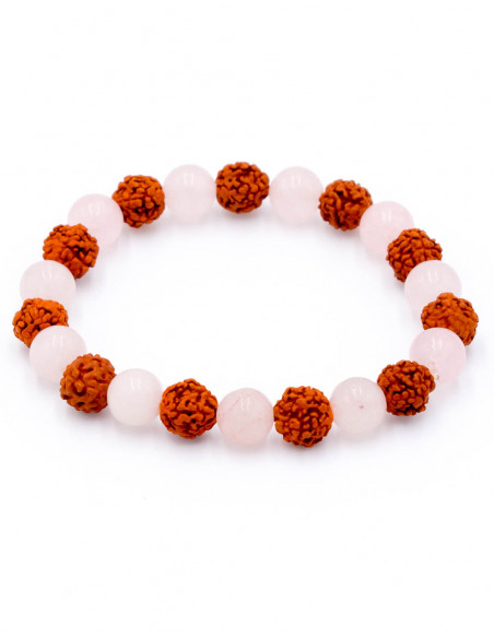 Semente Rudraksha e pulseira de quartzo rosa