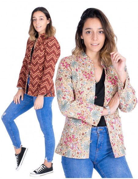 Casaco reversível de algodão Mao - Estilo hippie chique - Artesanato indiano exclusivo