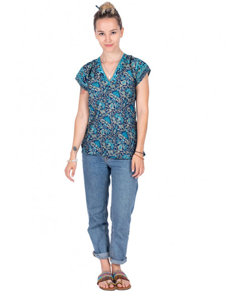 Bedrucktes Seiden-T-Shirt Blau