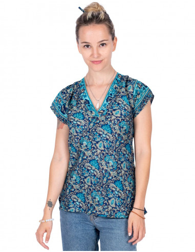 T-shirt estampada de seda azul