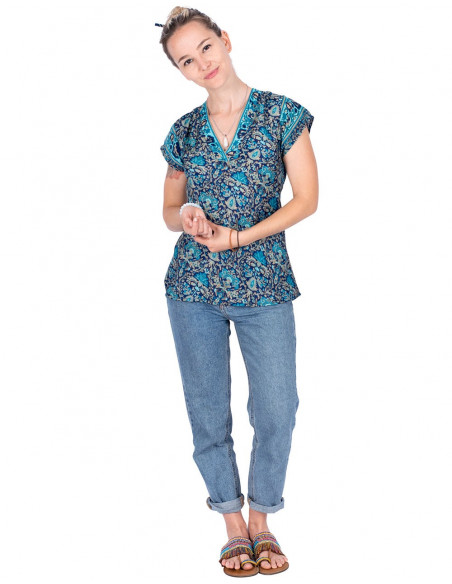 T-shirt Soie Imprimée Bleu