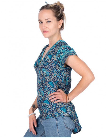 T-shirt estampada de seda azul