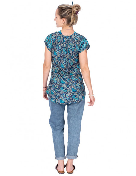 T-shirt Soie Imprimée Bleu