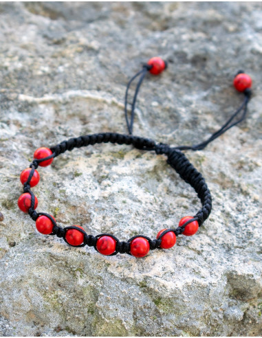 Bracelet Macramé avec Minéral Corail Rouge