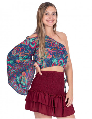 Gonna corta bordeaux con pompon