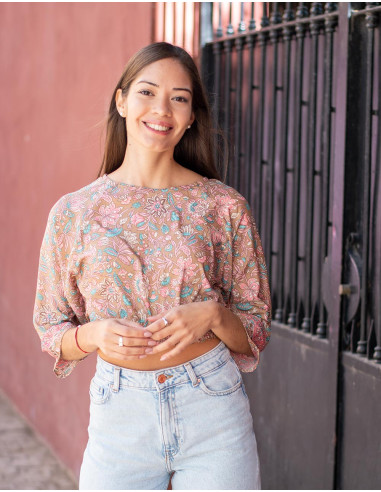 Top Cropped Bege Estampado