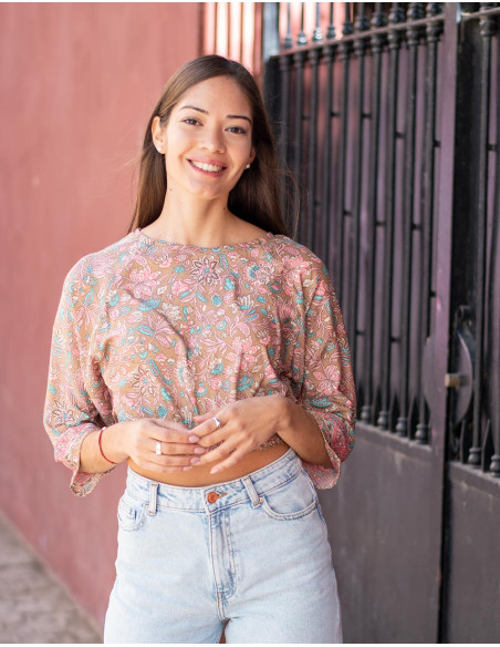 Top Cropped Bege Estampado