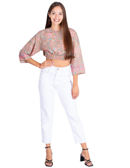 Top corto beige stampato