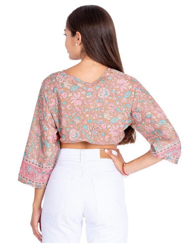 Top corto beige stampato