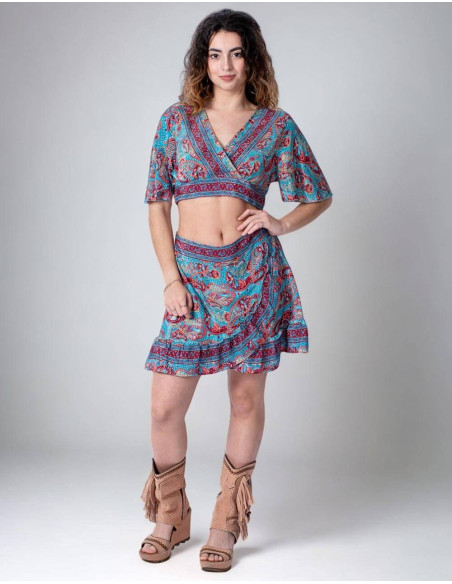Verblüffen Sie mit Eleganz! Set aus bedruckter Seide: Rock und Top zum Strahlen.