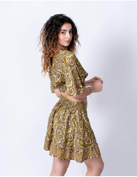 Conjunto de blusa e saia Boho de seda estampada em amarelo Paisley