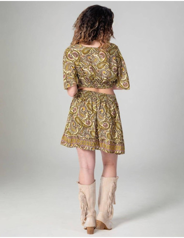 Paisley Yellow Printed Silk Boho Top and Skirt Set