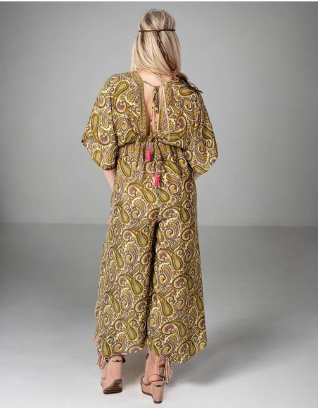 Combinaison en soie imprimée jaune de style bohème avec motifs cachemire