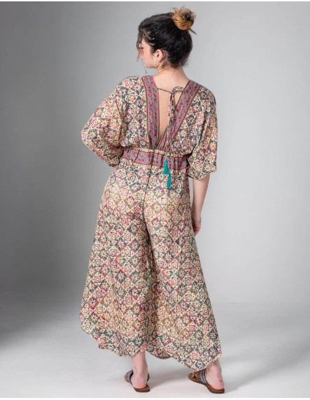 Boho Style Printed Silk Jumpsuit with Tie on the Back