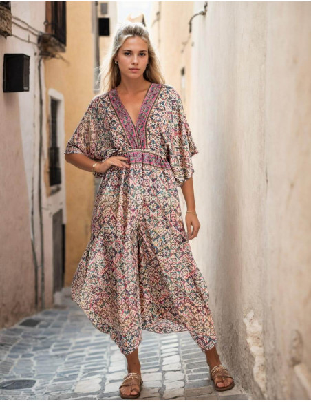Tuta in seta stampata stile Boho con cravatta sul retro