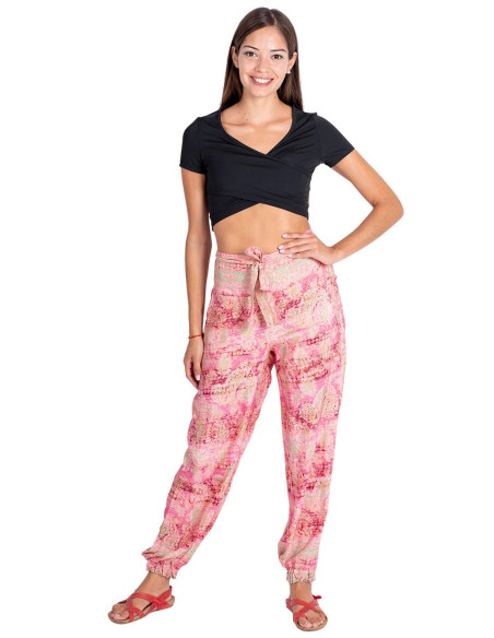 Pantaloni in seta stampata nei toni del rosa