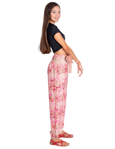 Calça de Seda Estampada em Tons Rosa