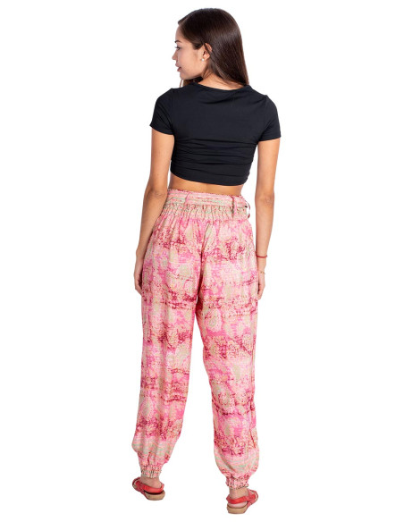 Calça de Seda Estampada em Tons Rosa