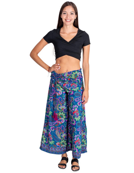 Pantalon jupe en soie sur fond bleu avec imprimé floral