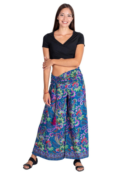 Pantalon jupe en soie sur fond bleu avec imprimé floral