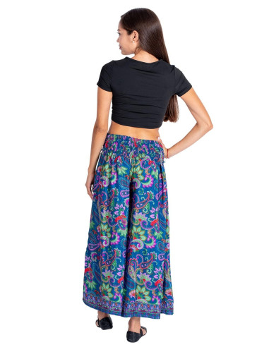 Pantaloni gonna in seta su sfondo blu con...
