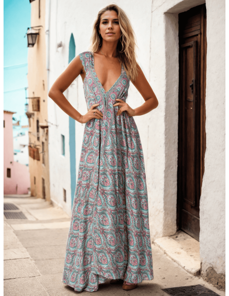 Langes bedrucktes Seidenkleid mit tiefem Ausschnitt