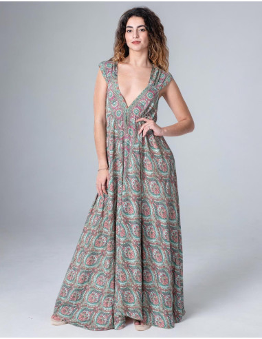 Vestido longo de seda estampado com decote...