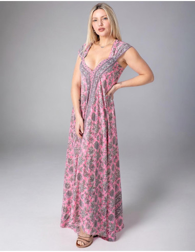 Vestido Longo de Seda Estampado em Tons Rosa...