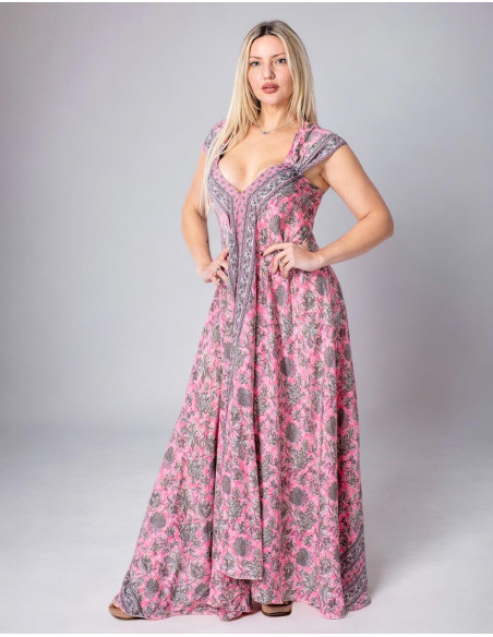 Vestido Longo de Seda Estampado em Tons Rosa para Primavera Verão