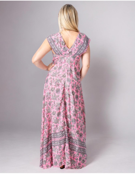Long Printed Silk Dress in Pink Tones for Spring Summer