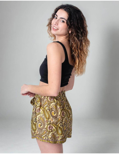Shorts de Seda Estampado em Tons Amarelos com...
