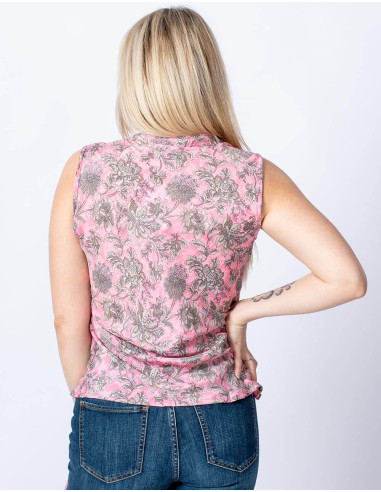 Camiseta de seda rosa com estampa de flores cinza