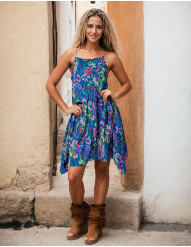 Robe en soie bleue à imprimé cachemire