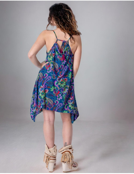 Vestido de Seda Azul com Estampa Paisley