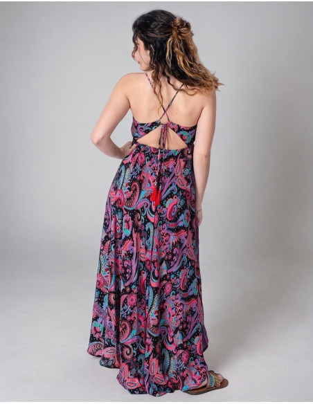 Vestido Longo de Seda com Desenhos Étnicos
