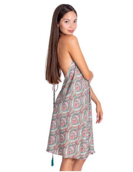 Robe dos nu en soie imprimée fraîche