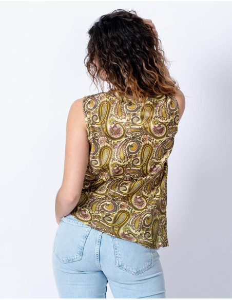 T-shirt basic senza maniche in seta con stampa Paisley
