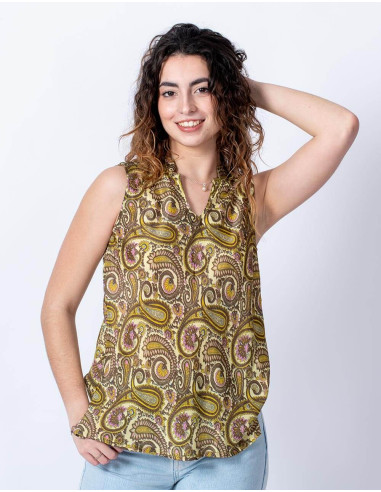 T-shirt basic senza maniche in seta con stampa...