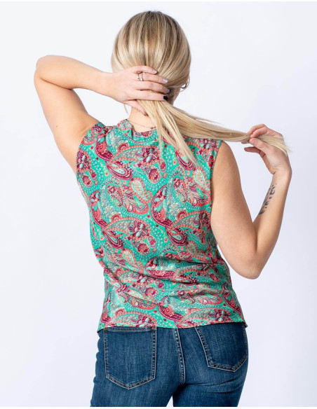 T-shirt in seta stampata semplice e alla moda senza maniche