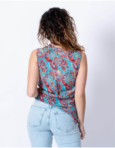 T-shirt en soie imprimé sans manches basique et...
