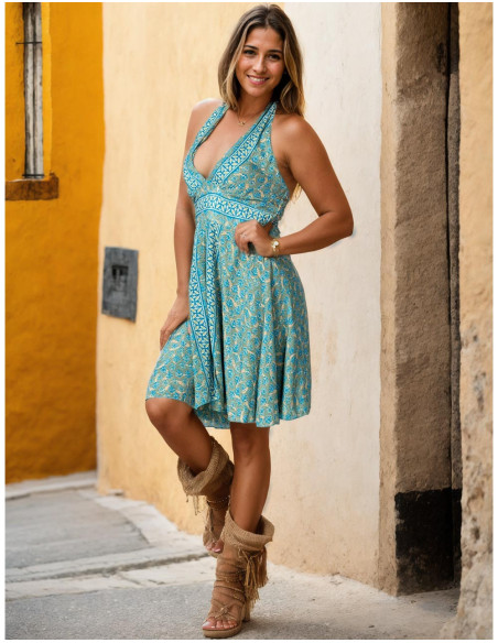 Kimago Short Dress with V Neckline and Open Back