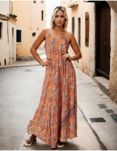 Robe longue et large en soie imprimée cachemire