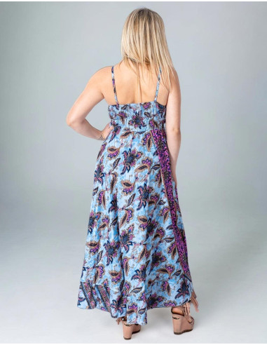 Robe longue style hippie avec imprimé fond bleu...