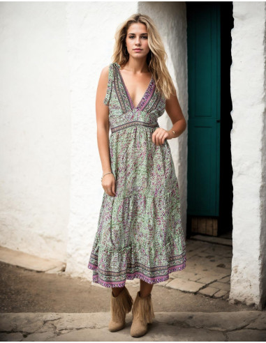 Robe d'été à bretelles avec nœud en soie imprimé