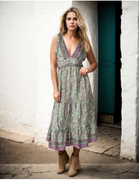 Summer Dress with Straps with Printed Silk Bow