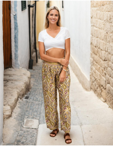 Pantaloni dritti in seta stampata gialla con disegno paisley