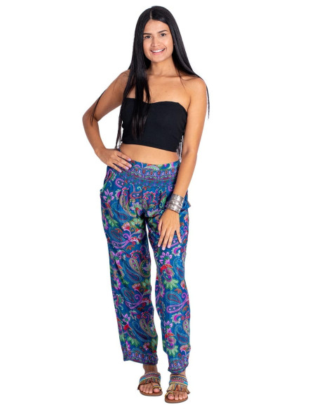 Straight leg silk trousers in blue print with multicoloured floral design