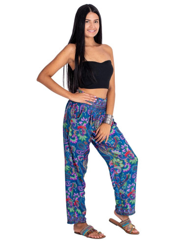 Straight leg silk trousers in blue print with...