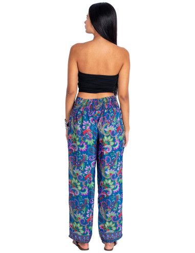 Calça reta de seda estampada em azul com...