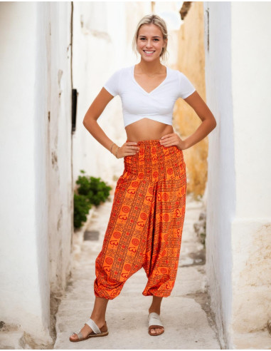 Orange hippie style saruel pants with Om symbol made of cotton